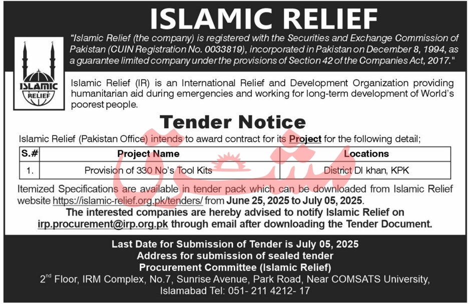Islamic Relief Islamabad Tender Notice
